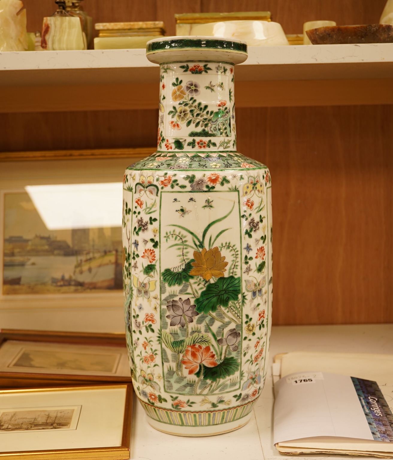 A Chinese famille verte rouleau vase, 19th century, 46cm
